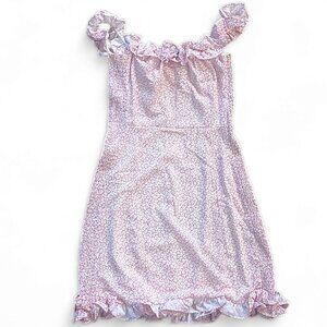 Sz XS Beginning Boutique Dress Knee Length Ruffle Trim Off Shoulder Floral Pink
